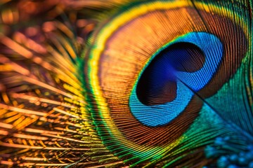 Obraz premium This close-up photo showcases the vibrant and intricate feathers of a peacock, Macro-shot of peacock feather showing its different colors, AI Generated