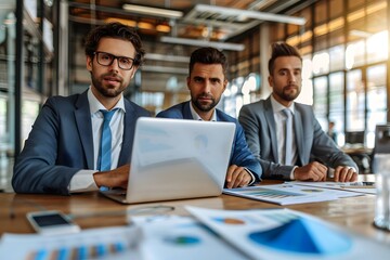 Fototapeta premium Business Strategy: A focused team of professionals, engrossed in analyzing data on a laptop, showcasing their strategic approach in a modern office setting. 