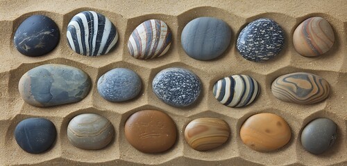 A collection of smooth stones arranged in a pattern on the sand.