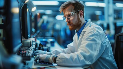 Electronics Design Factory Office: Portrait of Handsome Caucasian Male Engineer Wearing Safety Gear And Working on Desktop Computer, Developing