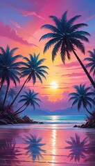 Fototapeta premium Wide-format tropical sunset with radiant palm silhouettes against a gradient sky of pink and blue hues, perfect for vacation themes. Holiday background. Empty, copy space for text