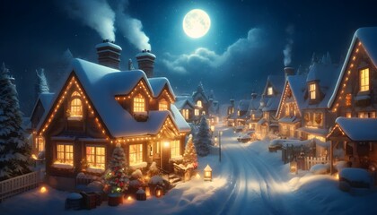Fototapeta premium A picturesque snowy village scene at night with warmly lit houses, snow-covered roofs, and a full moon shining above