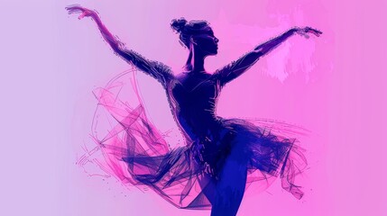 A silhouette of a ballerina in a flowing tutu, captured in a graceful pose against a soft pink and blue background. The image symbolizes elegance, artistry, dance, and beauty.