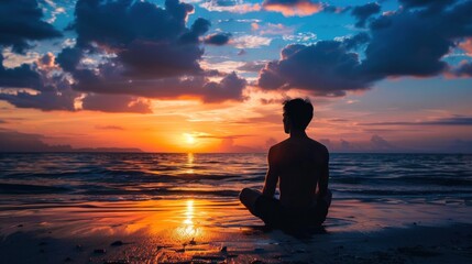 Contemplation at the beautiful sunset. Silhouette of the young man on the beach Ai generated