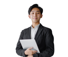 A young businessman from Asia, standing confidently with a laptop, symbolizing success in a global market.