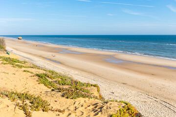 Playa en Matalascañas , provincia de Huelva,con arena fina y mar azul con el horizonte en el...