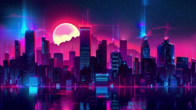 Cityscapes at night in synthwave style with neon-lit details and a dark background. Seamless Loop Animation