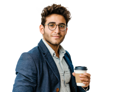 A young businessman from the Mediterranean region, in a casual outfit, holding a coffee cup, representing the creativity and adaptability of Mediterranean entrepreneurs.