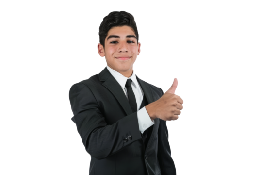A young Hispanic businessman in a stylish suit, giving a thumbs up, white background.