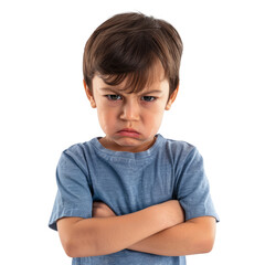 A frustrated little boy with his arms crossed and a deep frown, standing against a white backdrop.
