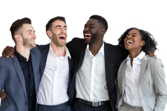 A group of diverse young businessmen in casual business attire, laughing together, white background.