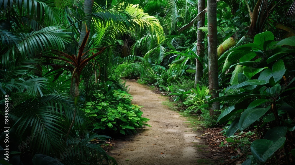 Poster A winding dirt path cuts through a dense, verdant jungle, leading the viewer towards an unknown destination. Lush foliage lines the path, creating a sense of mystery and adventure. The sunlight filter