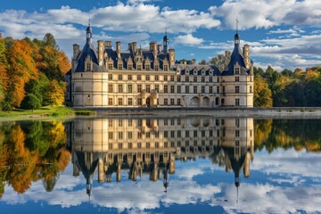 Obraz premium A massive, man-made architectural structure situated on the surface of a vast lake, Majestic castle hosting a royal birthday celebration, AI Generated