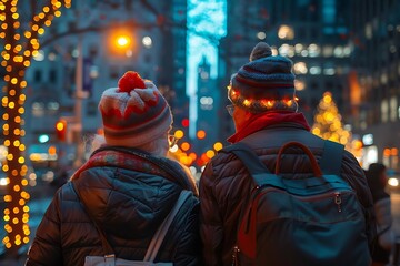 Obraz premium Couple enjoying a festive winter evening in the city, adorned with Christmas lights, creating a cozy holiday atmosphere.