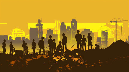 Naklejka premium Silhouette of a group of workers against a vibrant yellow city skyline featuring cranes and buildings, detailed vector illustration showcasing urban construction and labor in a dynamic city environmen