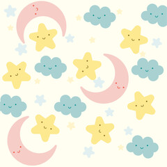 Vector Childish Cresent Moon with Stars & Clouds Smiling for Kids Background