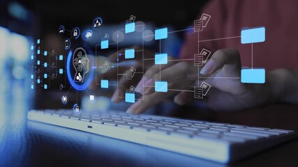 Ai Futuristic holographic interface of a file manager, folder structure with documents and data scanning, digital document storage software, cloud database, search and manage documents, paperless - Powered by Adobe