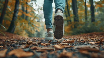 Woman traveler strolling in the park wearing sneakers on a forest path
