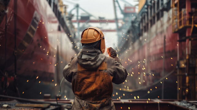 stressed shipbuilder welding hull from behind with safety helmet and work clothing captured with 50mm lens golden ratio composition
