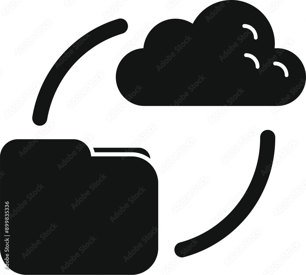 Poster black solid icon of a folder receiving data from a cloud, representing cloud storage and data transf
