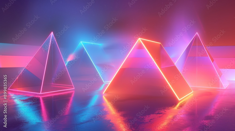 Poster Abstract neon pyramids reflecting in a watery surface, symbolizing modern architecture, futuristic design, geometric shapes, light and shadow, and the interplay of colors.