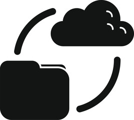 Black solid icon of a folder receiving data from a cloud, representing cloud storage and data transfer