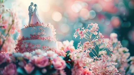 A romantic wedding cake adorned with flowers and a couple figurine, creating a dreamy and enchanting bridal celebration scene.