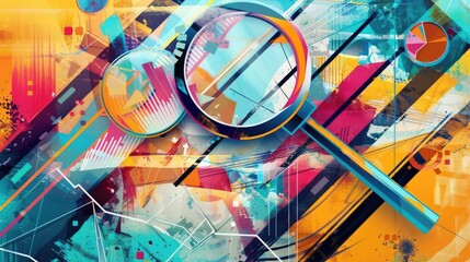Vivid abstract composition featuring magnifying glass amidst bold colors and geometric shapes, representing search and discovery.