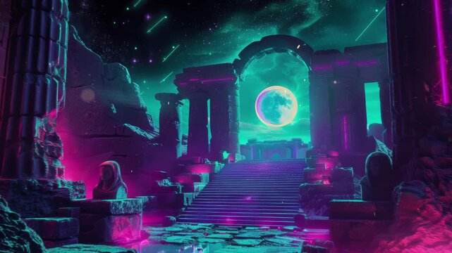 Ancient civilizations in synthwave style with neon-lit details and a dark background. Seamless Loop Animation