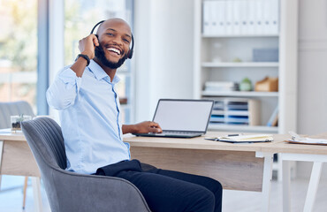 Call center, customer support and portrait of black man on laptop for consulting, hotline and email. Corporate, happy and worker on computer with headset for telemarketing, communication and contact