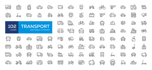 Travel and Transport line icon set. Containing car, bike, plane, train, bicycle, motorbike, bus and scooter icons. Transportation Simple line icon collections