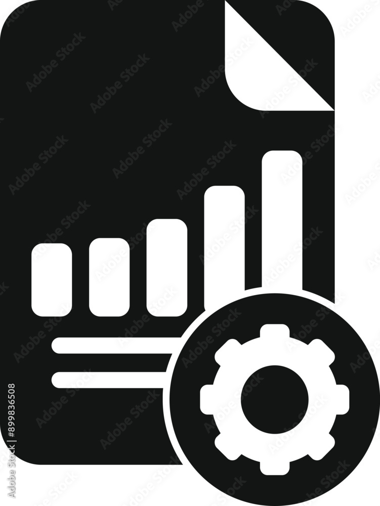Poster black and white icon of a document with a bar chart and a gear, symbolizing data analysis and proces