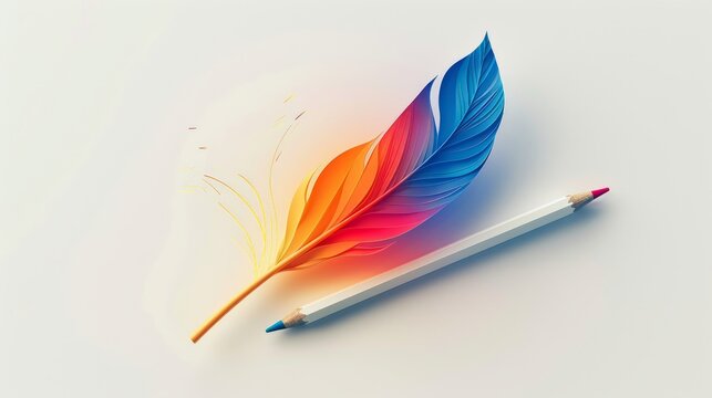 3D pencil logo with colorful feather design on white background, creative and artistic style --ar 16:9 Job ID: 7afaded3-261d-48a0-adbe-5a675fd43204