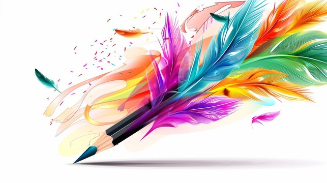 3D pencil with colorful feathers vector graphic design on white background, colorful, artistic, colorful illustration, creative and imaginative style, 