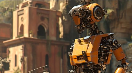 Fototapeta premium A futuristic robot stands prominently against the backdrop of an ancient cityscape. The blend of advanced robotics with historical architecture creates a striking contrast, symbolizing the fusion of