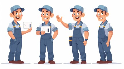 Obraz premium A cartoon character of an American repairman wearing blue overalls and holding up his hand with 