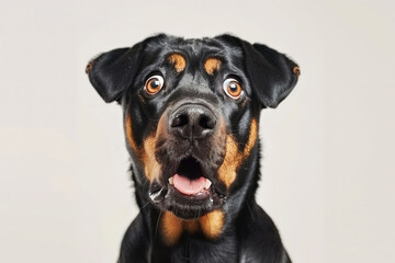 Obraz premium Surprised Black and Tan Dog with Wide Eyes and Open Mouth on Gray Background