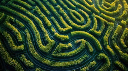 Naklejka premium Aerial view of a lush green hedge maze, intricate pathways winding through the foliage.