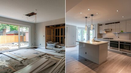 Before and after of modern kitchen apartment room in renovated house dramatic transformation sleek and updated design stylish and contemporary new features and improvements clear and engaging