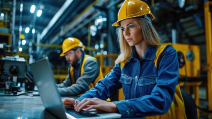 Professional Heavy Industry Employees Wearing Hard Hats at Factory. Checking and discussing industrial facilities, and working on laptop computers. Caucasian Female Engineer and Male Technician