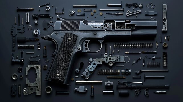A close up of a gun with many parts, including a magazine, a trigger