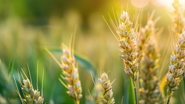 Close up of wheat seeds growing in a field with green background and empty area for text
