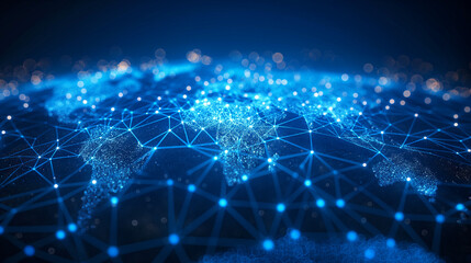 Obraz premium Digital networking technology displaying global connections and data communication in a blue map