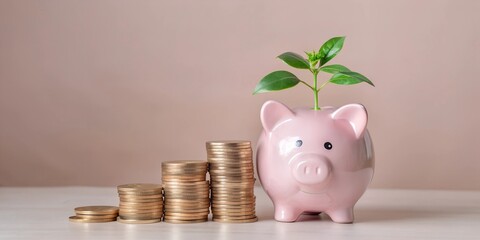 Piggy Banks, Gold Coins with Plant Sprouts - Eco Savings and Green Investment Success Concept