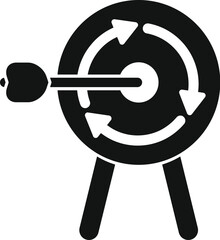 Dart flying to rotating target on stand icon in simple style on a white background