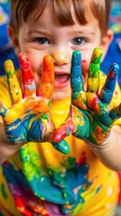 A pair of small hands covered in vibrant paint rest on a surface, smearing bright colors like blue, green, yellow, red, and orange.