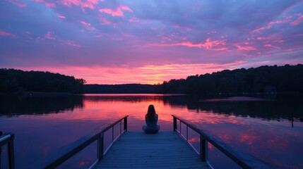 Fototapeta premium peaceful lifestyle photo of a woman sitting on a dock at sunset on an idyllic lake AI generated