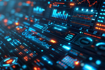 Modern technology dashboard displaying data analysis with charts, graphs, and digital information