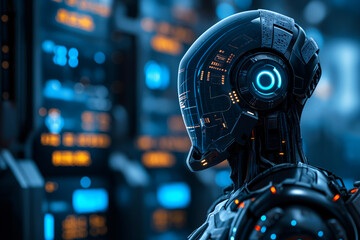 Fototapeta premium Cybernetic futuristic robot closeup showcasing advanced technology with blue engineered background