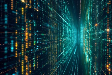 Fototapeta premium An electrifying abstract background featuring vibrant lines and dots illuminating an immersive visual experience, Matrix-style code in a futuristic abstract design, AI Generated